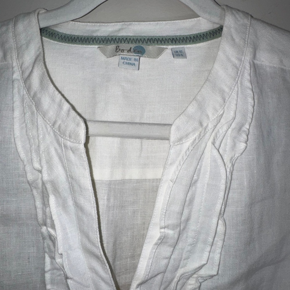 Boden White 100% Linen Ruffle Front Roll Tab Sleeve Blouse Womens US 6 UK 10 - Picture 4 of 14